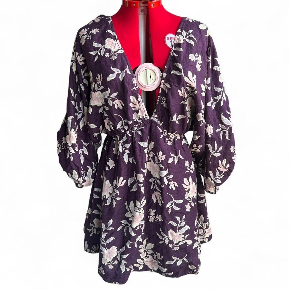 Free People Portia Linen-Blend Printed Mini Dress in Black Cherry Size Small